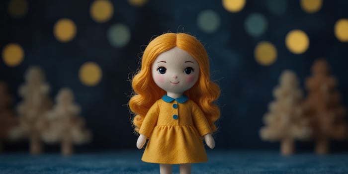 Cute felt doll with yellow dress on blue background. photo