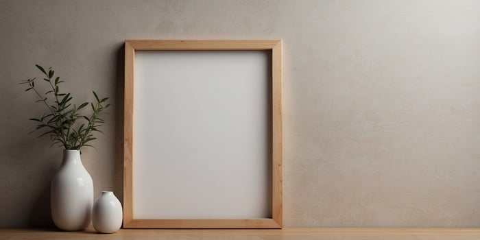 Wooden picture frame mockup on a sleek, minimal wallpaper. photo