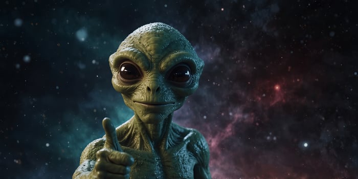Friendly alien giving thumbs up in space. photo