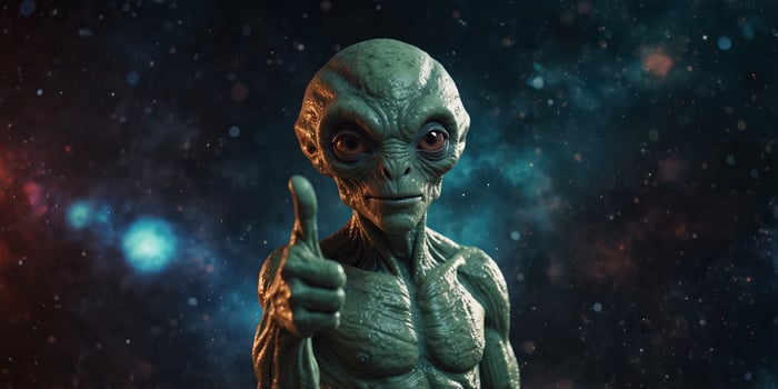 Friendly alien giving thumbs up in space. photo