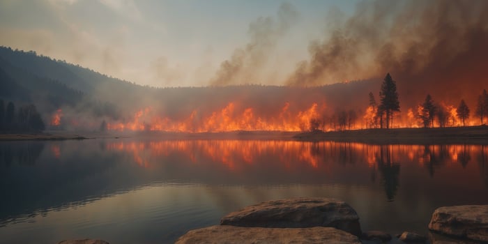 A pilot's view of a wildfire burning near a lake. photo