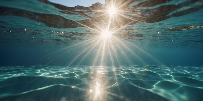 A shot from underneath the water with rays of sunlight shining through the surface of a solarpowered pool. photo