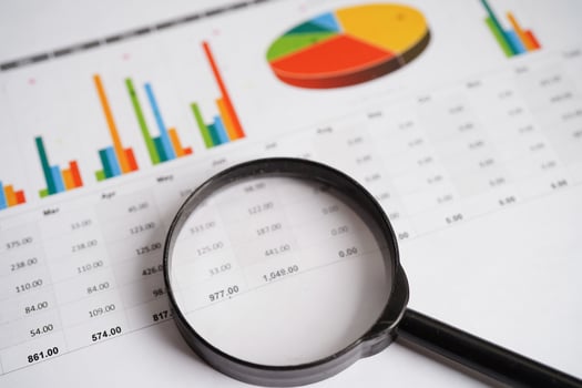 Magnifying glass on charts graphs paper. Financial development, Banking Account, Statistics, Investment Analytic research data economy. photo