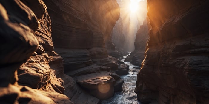 A narrow canyon with glowing sunlight at the end. photo