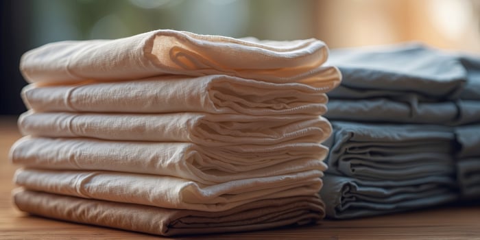 A stack of cloth napkins sitting on the dining table replacing disposable paper ones. photo