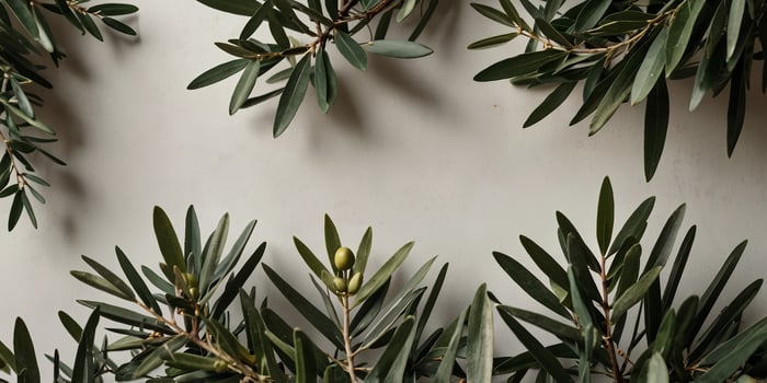 Flat lay of olive branches on a white surface with empty space viewed from above. photo