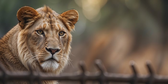 Beautiful wild lion cat animal behind the fence, in the zoo. photo