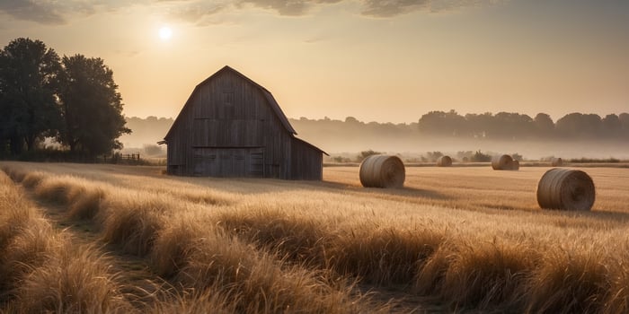 Countryside barn, fields of hay, early morning light, watercolor style. photo