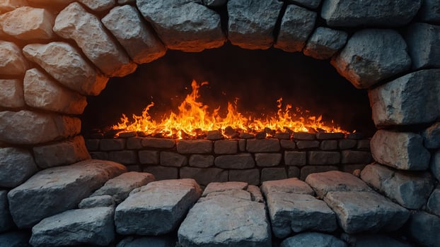 Fiery hole in stone wall with blazing flames, dramatic and intense atmosphere concept. photo
