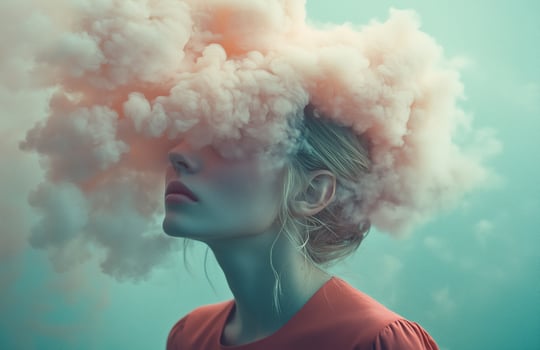 A woman with a cloud like head, wearing a red shirt, stands in a surreal environment photo