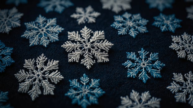 color blue boho crochet snowflakes cross stitch on dark blue background, simple, Christmas, New Year. photo