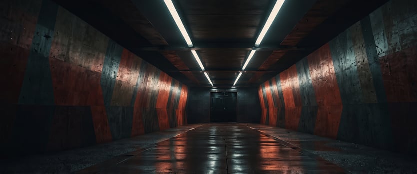 A kaleidoscopic view of an underground tunnel intricately lined with geometric pillars. photo