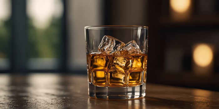 Glass of whiskey with ice on a sunlit table, elegant drink concept. photo