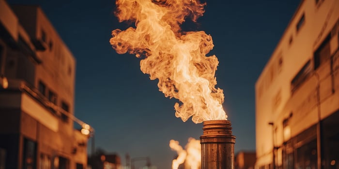 A flare stack burning off excess natural gas creating a bright flame and loud roaring noise. photo