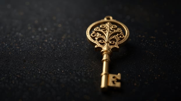 A golden key with a filigree on a black background. photo