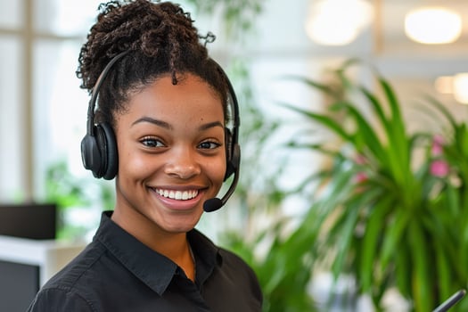 Young black female consultant smiling in a contact center during work hours. photo