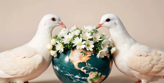 Pigeons Nesting on a Beautiful and Floral Earth Globe, Symbolizing Unity and Love photo