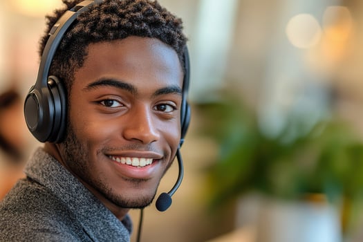 young black male consultant wearing a headset smiles in a contact center photo