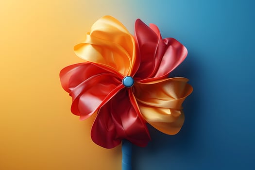 Vibrant Orange and Red Pinwheel Against Gradient Blue and Yellow Background for Summer Decor and Design photo