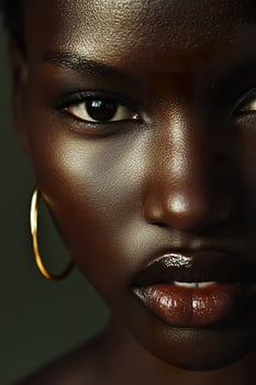 Black woman with hoop earring poses for a closeup, highlighting her beauty photo