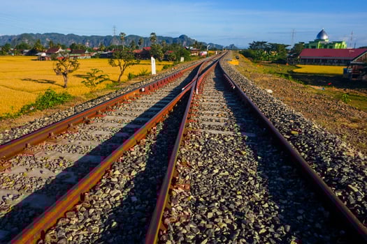 The view of the train tracks in the morning in rural Indonesia creates a romantic atmosphere photo