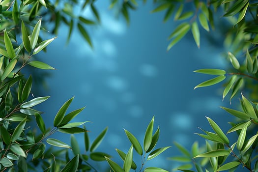 Lush Green Foliage Around Blue Background Perfect for Nature-Themed Designs, Print, and Web Use photo