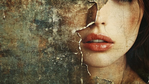 Enigmatic feminine close up face with dramatic vintage textured photo