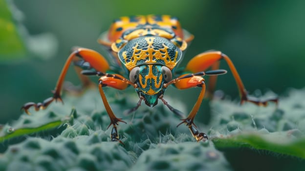 A colorful beetle stands out against a green backdrop. photo