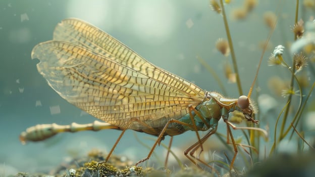 A close-up photo of a vibrant green and yellow Diptera insect with intricate wing patterns,