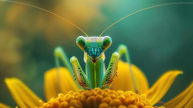Colorful insect on a yellow flower, seemingly looking into the camera with intrigue. photo