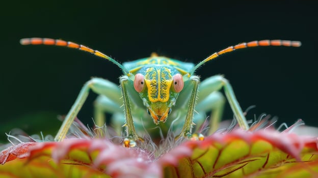 A close-up photograph of a vibrant blue and green ladybug on a red flower. photo
