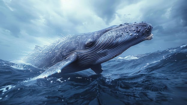 A majestic white whale gliding through the ocean waters, surrounded by a vast expanse of blue. photo