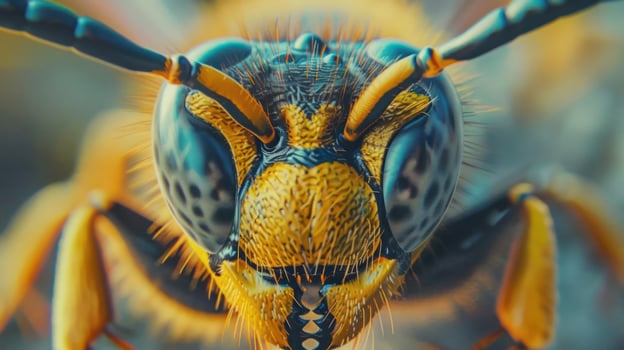 Close-up of a honey bee's face, showing its vibrant yellow and black patterned head. photo
