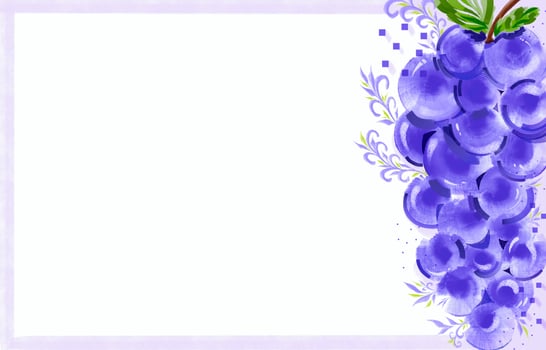 Purple grape illustration with frame border isolated on horizontal copy spaced white background. photo