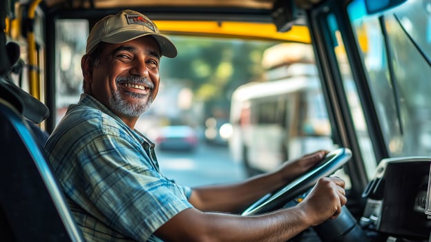 A man smiles while driving a bus photo