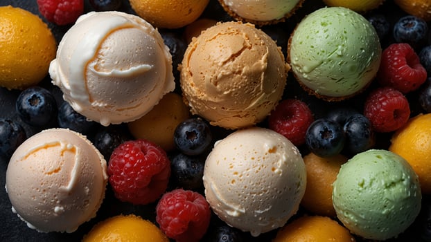 top view , close up, macro Variety of ice cream and frozen treats of berries and fruit black background. photo