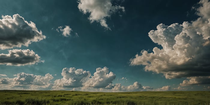 Summer grunge abstract background with blue sky clouds and green field. photo