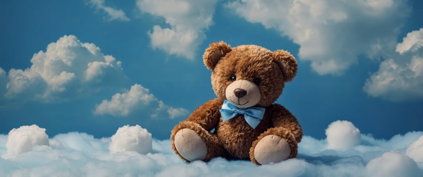 toy bear on a background with blue balls and clouds. photo