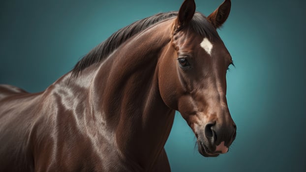 Brown horse with teal background, close-up side view. photo