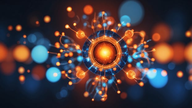 Abstract glowing atom with vibrant blue and orange colors, representing science, energy, and innovation. photo