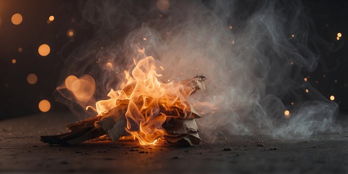 Burning paper surrounded by sparks and smoke, abstract concept. photo
