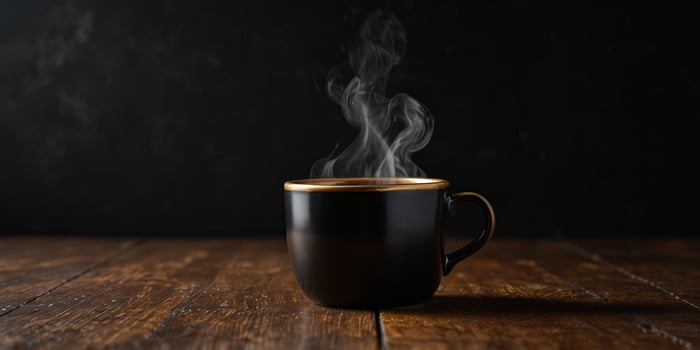 Steaming golden color coffee cup on black background and wooden floor Copy space. photo