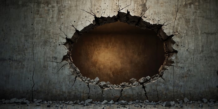 Wall with large hole surrounded by cracks, abstract destruction concept. photo