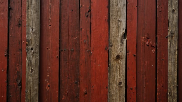 Weathered fence with knots on red panels and closed slots Vertical structure. photo