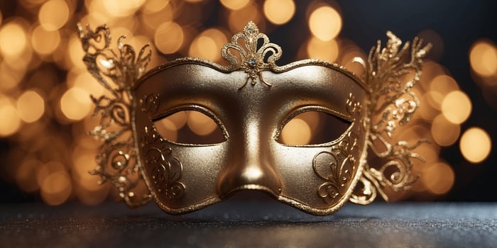 Golden glitter mask with bokeh background. photo