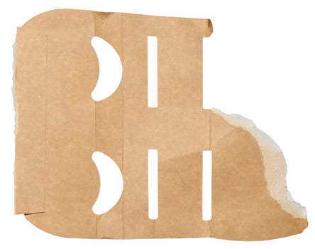 Torn piece of brown cardboard on a white isolated background, close up photo