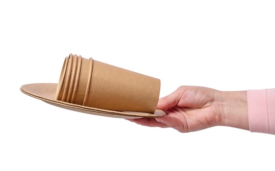 Hand hold brown paper cardboard cups and plate on a isolated background. Eco-friendly tableware photo