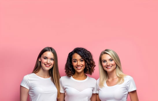 Mock up of three beautiful women in white shirts on a pink background. Portrait of three women. photo