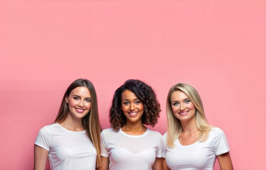 Mock up of three beautiful women in white shirts on a pink background. Portrait of three women. photo