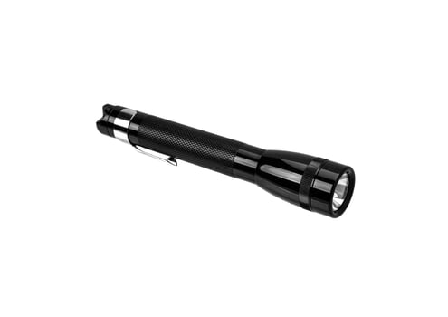 modern black metal flashlight isolated on white photo